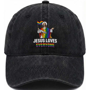 Funny Rainbow Jesus Loves Everyone Washed Cotton Baseball Cap Religious LGBTQ Support TS12 Print Your Wear
