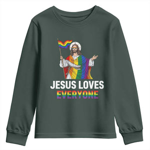 Funny Rainbow Jesus Loves Everyone Youth Sweatshirt Religious LGBTQ Support TS12 Dark Forest Green Print Your Wear