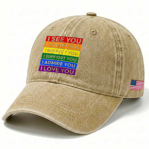 I See Accept Respect Support Admire Love You Washed Cotton Baseball Cap LGBT Ally Pride Graphic