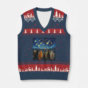 Starry Night Cats Watching Meteors V-Neck Knit Sweater Vest Astronomy Lover Gift
