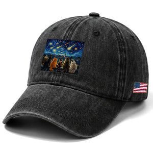 Starry Night Cats Watching Meteors Washed Cotton Baseball Cap Astronomy Lover Gift
