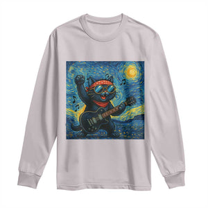 Funny Rock And Roll Long Sleeve Shirt Cat Playing Guitar Starry Night Music Lover TS12 Ice Gray Print Your Wear