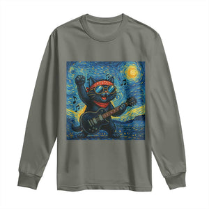 Funny Rock And Roll Long Sleeve Shirt Cat Playing Guitar Starry Night Music Lover TS12 Military Green Print Your Wear