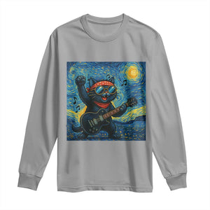 Funny Rock And Roll Long Sleeve Shirt Cat Playing Guitar Starry Night Music Lover TS12 Sport Gray Print Your Wear