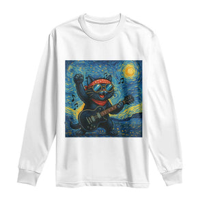 Funny Rock And Roll Long Sleeve Shirt Cat Playing Guitar Starry Night Music Lover TS12 White Print Your Wear