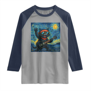 Funny Rock And Roll Raglan Shirt Cat Playing Guitar Starry Night Music Lover TS12 Sport Gray Navy Print Your Wear