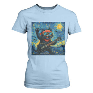 Funny Rock And Roll T Shirt For Women Cat Playing Guitar Starry Night Music Lover TS12 Light Blue Print Your Wear