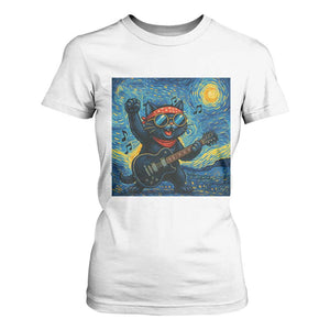 Funny Rock And Roll T Shirt For Women Cat Playing Guitar Starry Night Music Lover TS12 White Print Your Wear