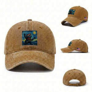 Funny Rock And Roll Washed Cotton Baseball Cap Cat Playing Guitar Starry Night Music Lover TS12 Washed Cap Universal Fit Yellow Ochre Print Your Wear