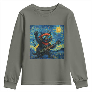 Funny Rock And Roll Youth Sweatshirt Cat Playing Guitar Starry Night Music Lover TS12 Military Green Print Your Wear