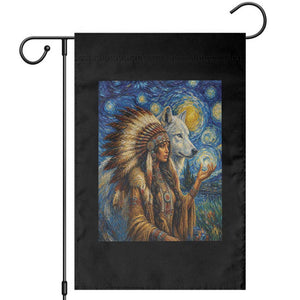 Native American Woman And White Wolf Garden Flag Starry Night Inspired Art