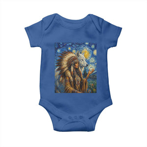 Native American Woman And White Wolf Baby Onesie Starry Night Inspired Art