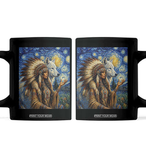 Native American Woman And White Wolf Coffee Mug Starry Night Inspired Art