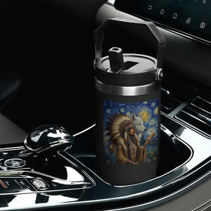 Native American Woman And White Wolf Flip Straw Tumbler Starry Night Inspired Art