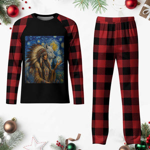 Native American Woman And White Wolf Plaid Pajama Set Starry Night Inspired Art