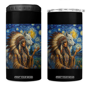 Native American Woman And White Wolf 4 in 1 Can Cooler Tumbler Starry Night Inspired Art