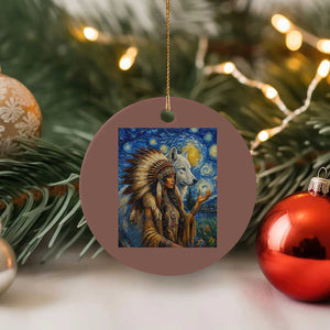 Native American Woman And White Wolf Ceramic Ornament Starry Night Inspired Art