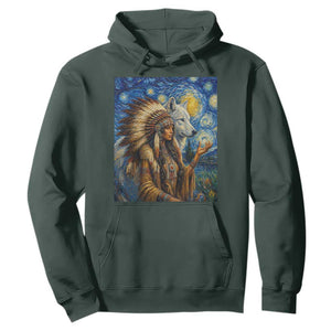 Native American Woman And White Wolf Hoodie Starry Night Inspired Art