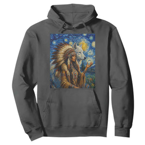 Native American Woman And White Wolf Hoodie Starry Night Inspired Art