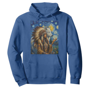 Native American Woman And White Wolf Hoodie Starry Night Inspired Art