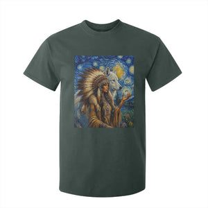 Native American Woman And White Wolf T Shirt For Kid Starry Night Inspired Art