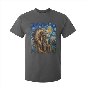Native American Woman And White Wolf T Shirt For Kid Starry Night Inspired Art