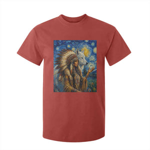 Native American Woman And White Wolf T Shirt For Kid Starry Night Inspired Art