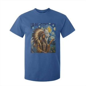 Native American Woman And White Wolf T Shirt For Kid Starry Night Inspired Art