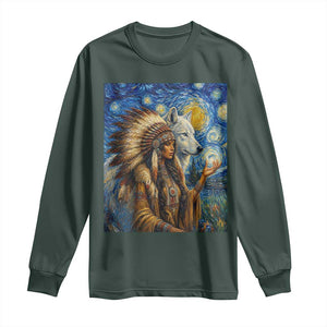 Native American Woman And White Wolf Long Sleeve Shirt Starry Night Inspired Art