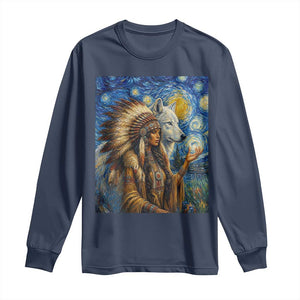 Native American Woman And White Wolf Long Sleeve Shirt Starry Night Inspired Art