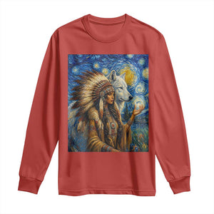 Native American Woman And White Wolf Long Sleeve Shirt Starry Night Inspired Art