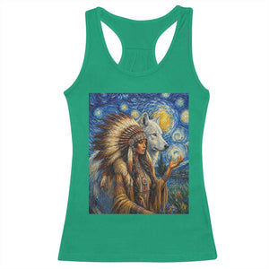 Native American Woman And White Wolf Racerback Tank Top Starry Night Inspired Art