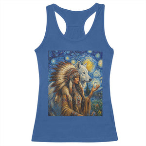 Native American Woman And White Wolf Racerback Tank Top Starry Night Inspired Art