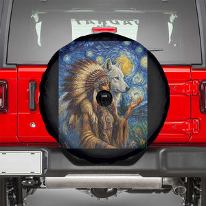 Native American Woman And White Wolf Spare Tire Cover Starry Night Inspired Art