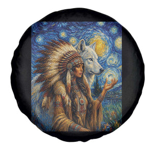 Native American Woman And White Wolf Spare Tire Cover Starry Night Inspired Art