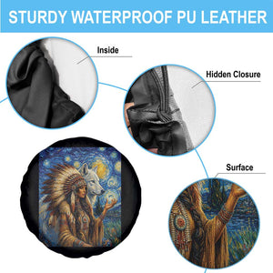 Native American Woman And White Wolf Spare Tire Cover Starry Night Inspired Art