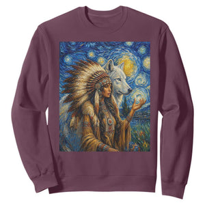 Native American Woman And White Wolf Sweatshirt Starry Night Inspired Art