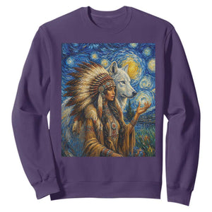 Native American Woman And White Wolf Sweatshirt Starry Night Inspired Art