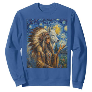 Native American Woman And White Wolf Sweatshirt Starry Night Inspired Art