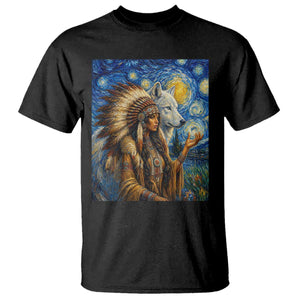 Native American Woman And White Wolf T Shirt Starry Night Inspired Art