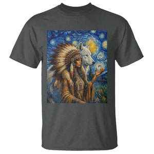 Native American Woman And White Wolf T Shirt Starry Night Inspired Art
