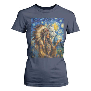 Native American Woman And White Wolf T Shirt For Women Starry Night Inspired Art