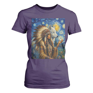 Native American Woman And White Wolf T Shirt For Women Starry Night Inspired Art