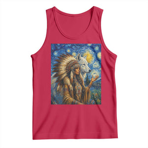Native American Woman And White Wolf Tank Top Starry Night Inspired Art