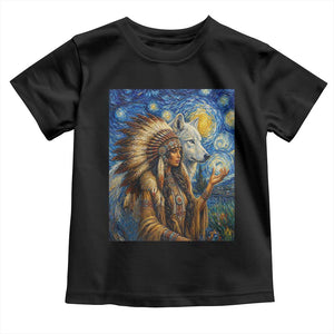 Native American Woman And White Wolf Toddler T Shirt Starry Night Inspired Art