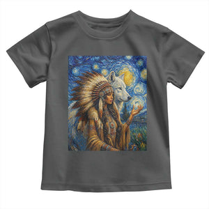 Native American Woman And White Wolf Toddler T Shirt Starry Night Inspired Art
