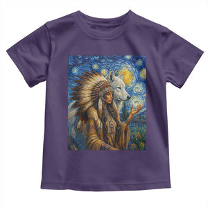 Native American Woman And White Wolf Toddler T Shirt Starry Night Inspired Art