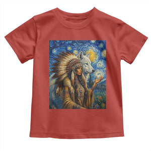 Native American Woman And White Wolf Toddler T Shirt Starry Night Inspired Art