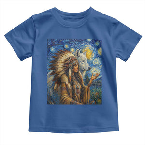 Native American Woman And White Wolf Toddler T Shirt Starry Night Inspired Art