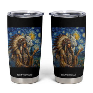 Native American Woman And White Wolf Tumbler Cup Starry Night Inspired Art TS12 Black Print Your Wear
